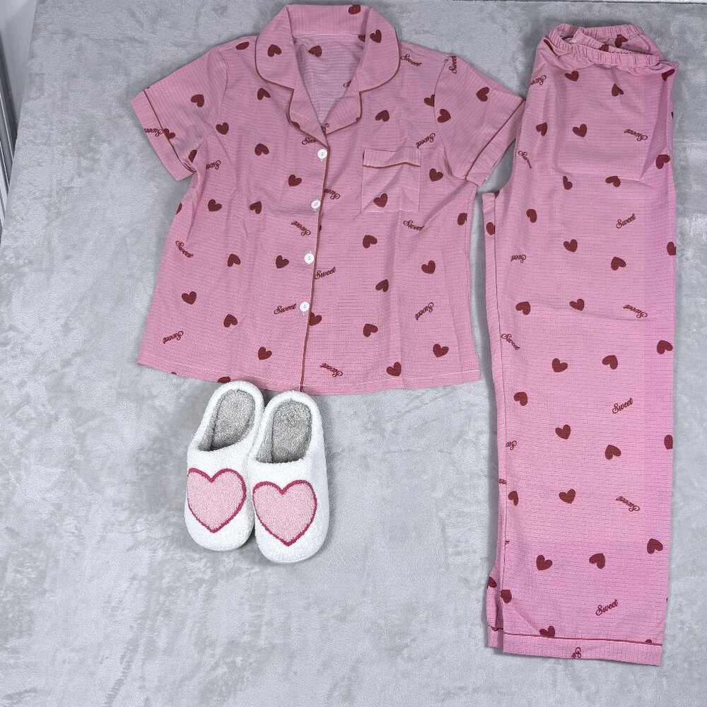 3 Pc Pink Heart Pajama Set & Matching Slippers Women's Medium Sleepwear